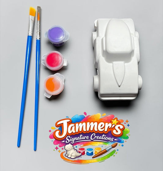 Neatos Elements Mini Motors (C) paint kit with white plaster car, 3 paint pots (purple, pink, orange), and 2 brushes.
