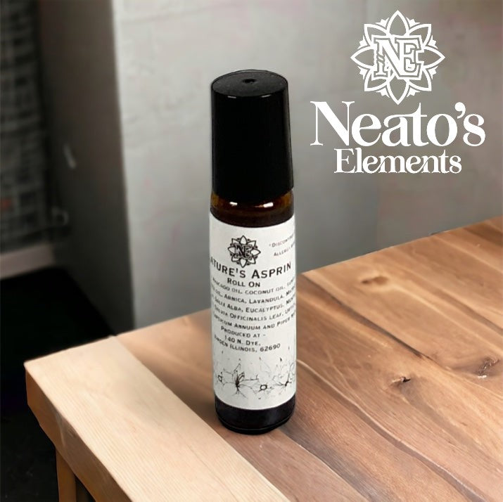 Neatos Elements Nature's Aspirin roll-on with herbal blend for soothing relief. Fast-absorbing, non-greasy formula.
