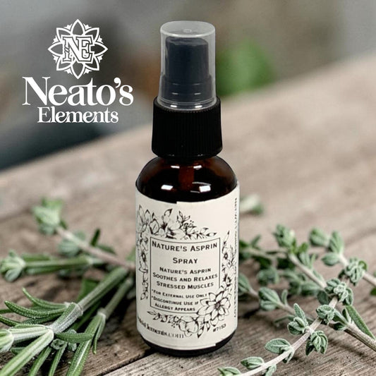Neatos Elements Nature's Asprin herbal spray bottle with floral label, soothes and relaxes stressed muscles.