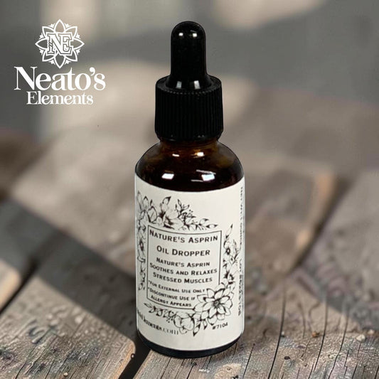 Neatos Elements Nature's Asprin herbal oil dropper bottle with black dropper top and white label with floral design.
