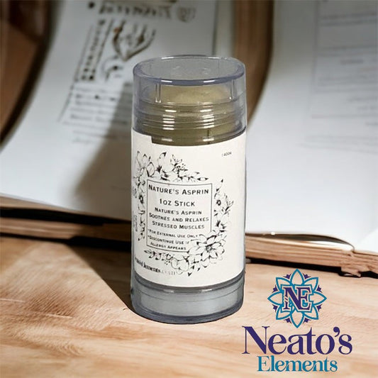 Neatos Elements Nature's Asprin Stick 1 oz herbal balm for muscle relief with Arnica, White Willow Bark, Lavender, Chamomile.