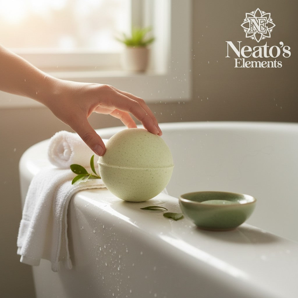 Neatos Elements Nature's Asprin bath bomb, a pale green sphere with a seam, on a wooden surface.
