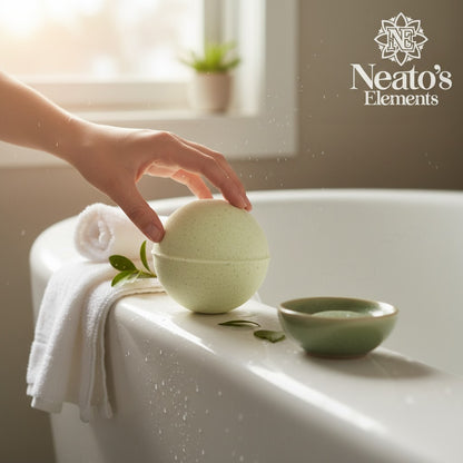Neatos Elements Nature's Asprin bath bomb, a pale green sphere with a seam, on a wooden surface.
