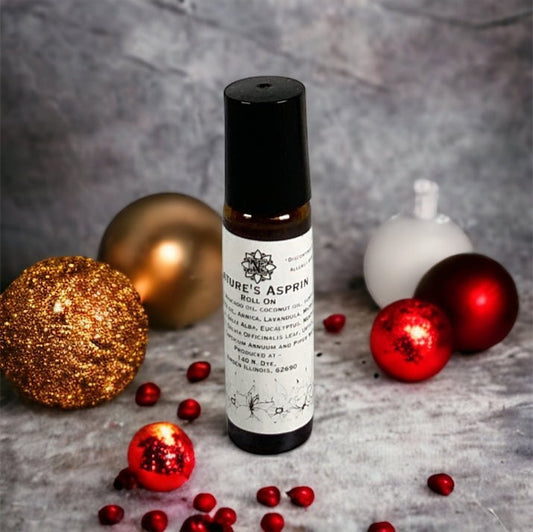 Neatos Elements Nature's Aspirin roll-on bottle with herbal blend for soothing relief. Dark amber glass with black cap.