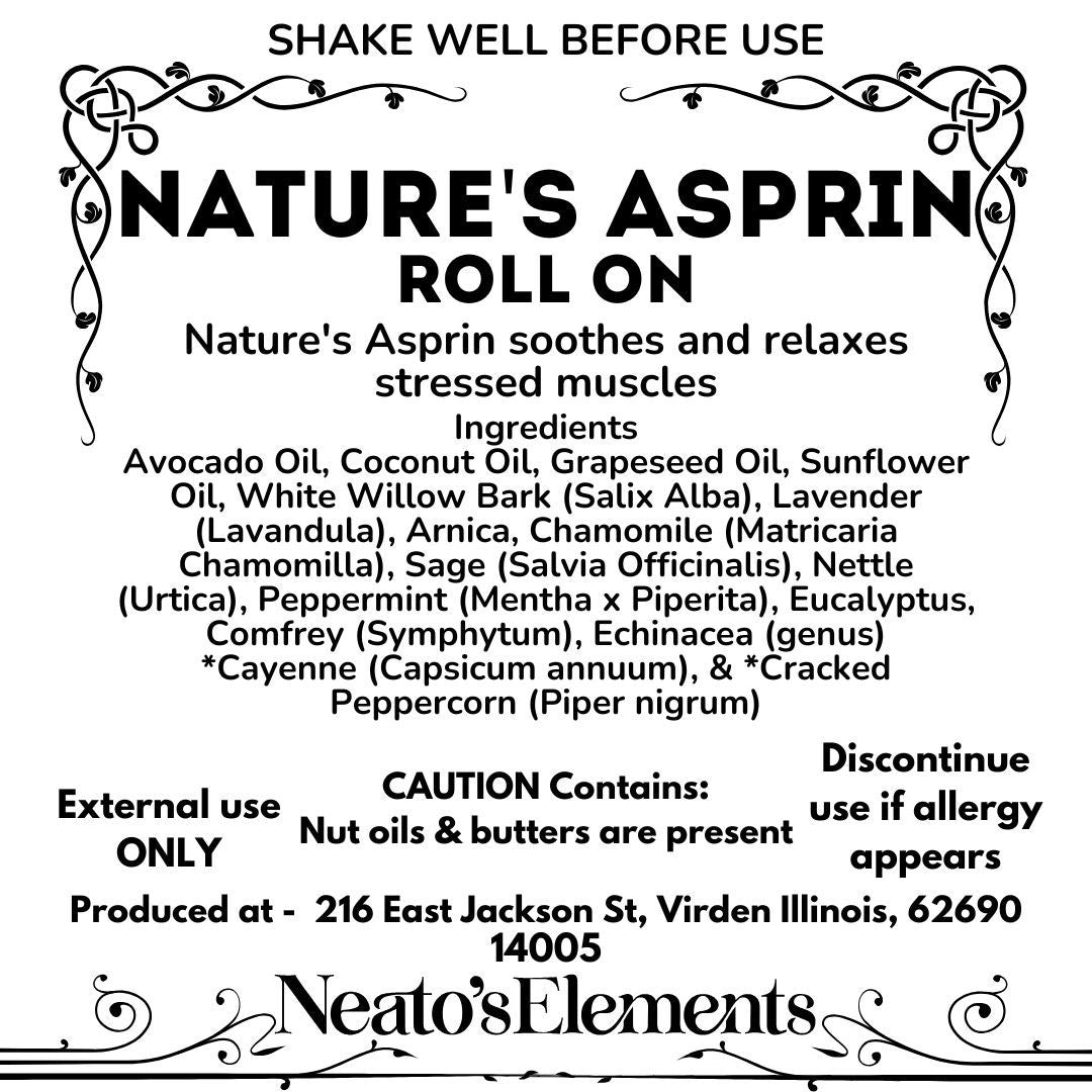 Neatos Elements Nature's Aspirin roll-on with herbal blend for soothing stressed muscles. Lightweight, non-greasy formula.
