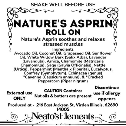 Neatos Elements Nature's Aspirin roll-on with herbal blend for soothing stressed muscles. Lightweight, non-greasy formula.