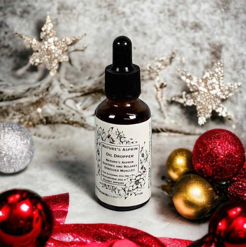 Neatos Elements Nature's Asprin Oil Dropper, 1 oz amber glass bottle with black dropper, herbal infusion for stressed muscles.