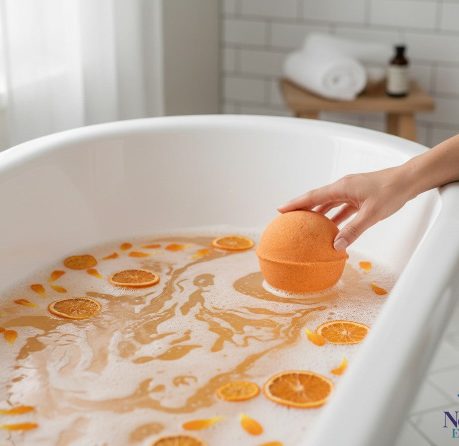 Neatos Elements Orange you Magnificent bath bomb with blood orange fragrance, infused with skin-loving ingredients and a hidden crystal.