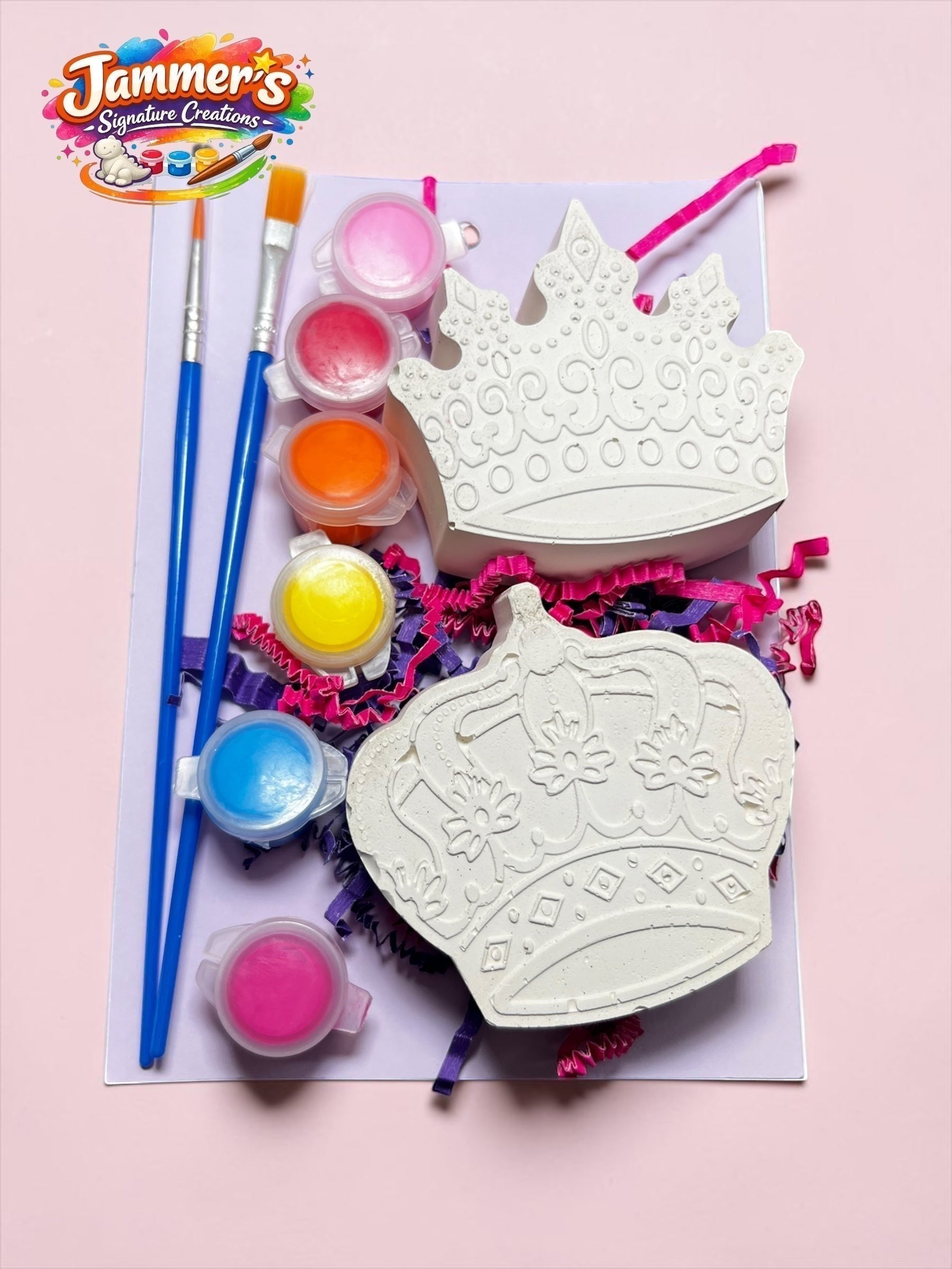 Neatos Elements Royal Radiance Painted Treasures kit with two plaster crown figurines, 6 acrylic paints, and 2 brushes.