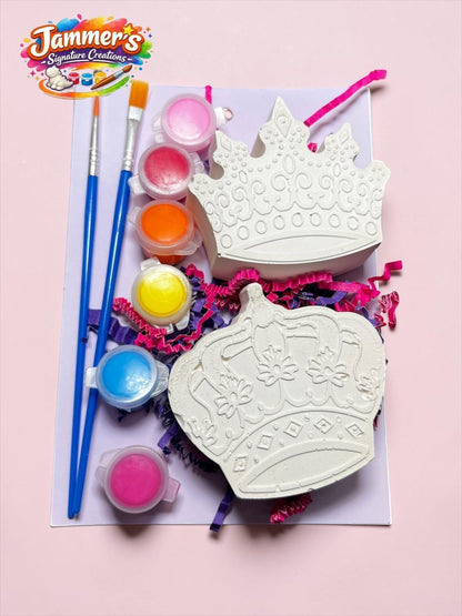 Neatos Elements Royal Radiance Painted Treasures kit with two plaster crown figurines, 6 acrylic paints, and 2 brushes.