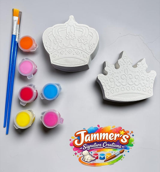 Neatos Elements Royal Radiance Painted Treasures kit with two plaster crown figures, paint brushes, and six pots of acrylic paint.