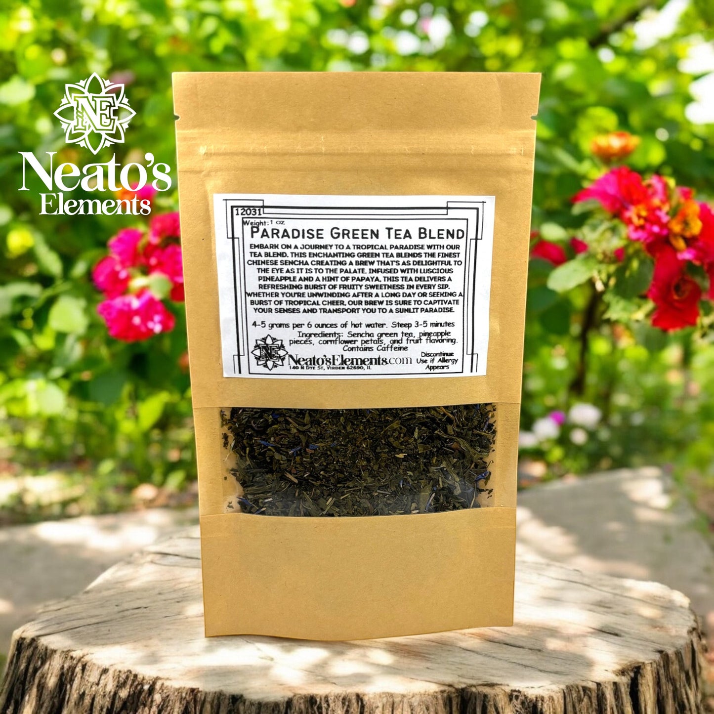 Neatos Elements Paradise Green Tea Blend loose leaf tea with pineapple and papaya flavor, featuring cornflower petals.
