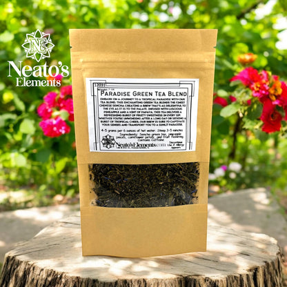 Neatos Elements Paradise Green Tea Blend loose leaf tea with pineapple and papaya flavor, featuring cornflower petals.