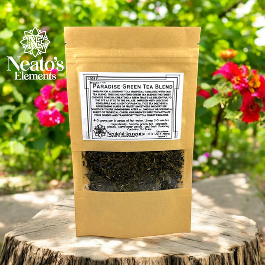 Neatos Elements Paradise Green Tea Blend loose leaf tea with pineapple and papaya flavor, featuring cornflower petals.