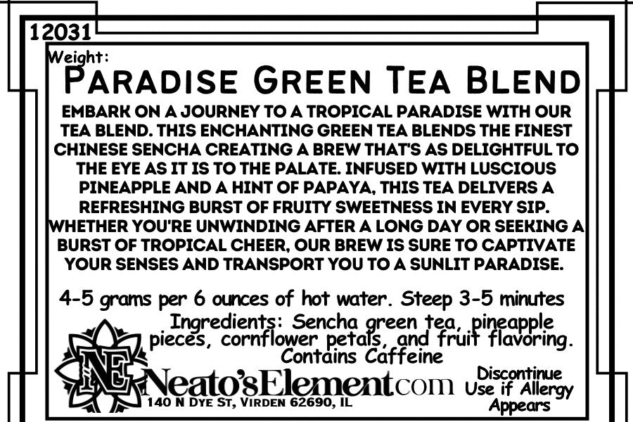 Neatos Elements Paradise Green Tea Blend loose leaf tea with pineapple and papaya flavor. Contains Sencha green tea.