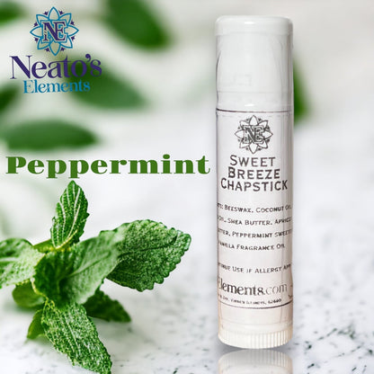 Neatos Elements Sweet Breeze Peppermint Chapstick for soft, hydrated lips. Natural beeswax and oils.