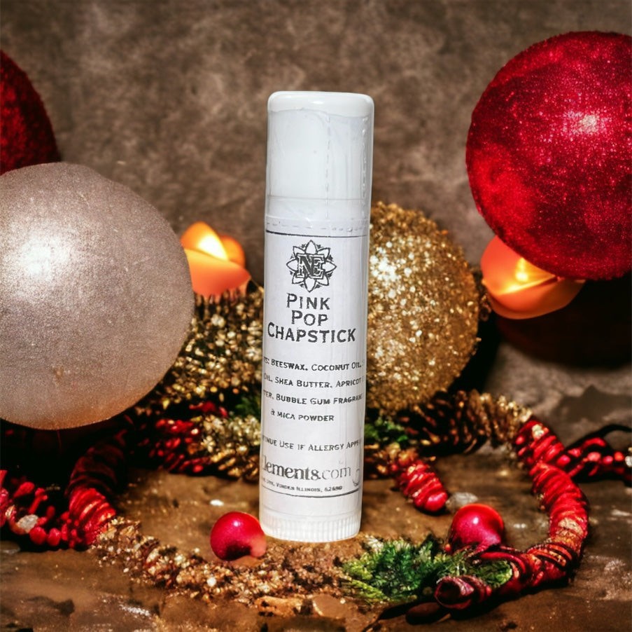 Neatos Elements Pink Pop Chapstick with bubble gum flavor, made with beeswax, coconut oil, and shea butter.