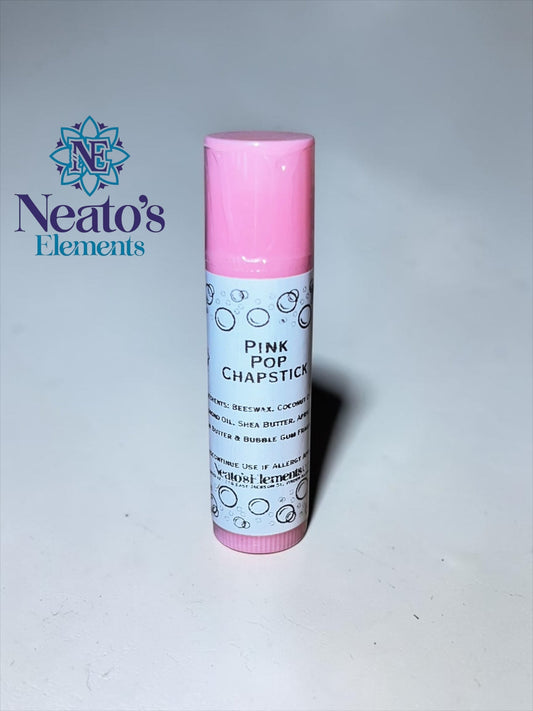 Neatos Elements Pink Pop Chapstick with bubble gum flavor, made with beeswax, coconut oil, and shea butter for soft lips.