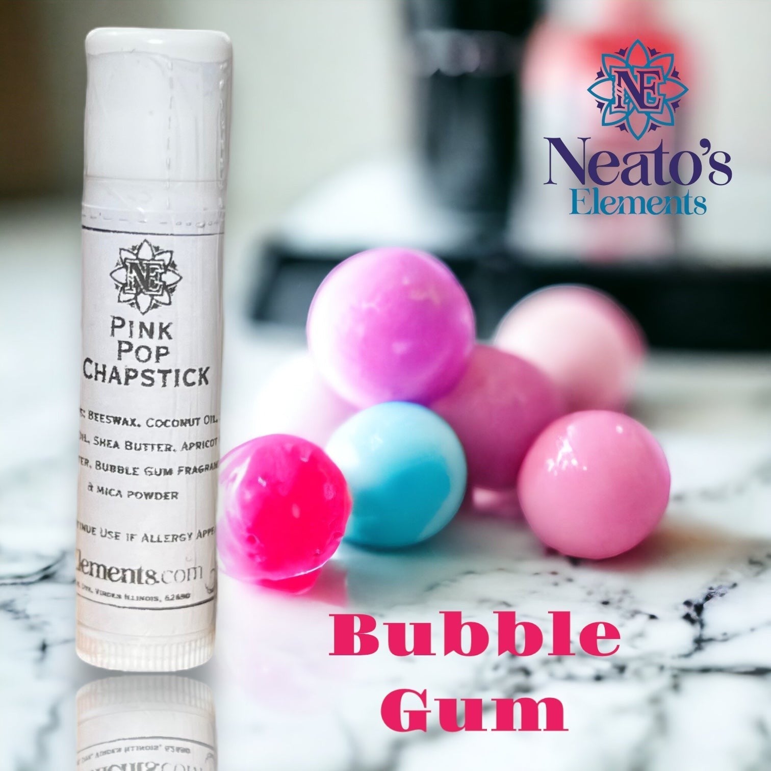 Neato's Elements Pink Pop Chapstick with bubble gum flavor, made with beeswax and shea butter for soft lips.