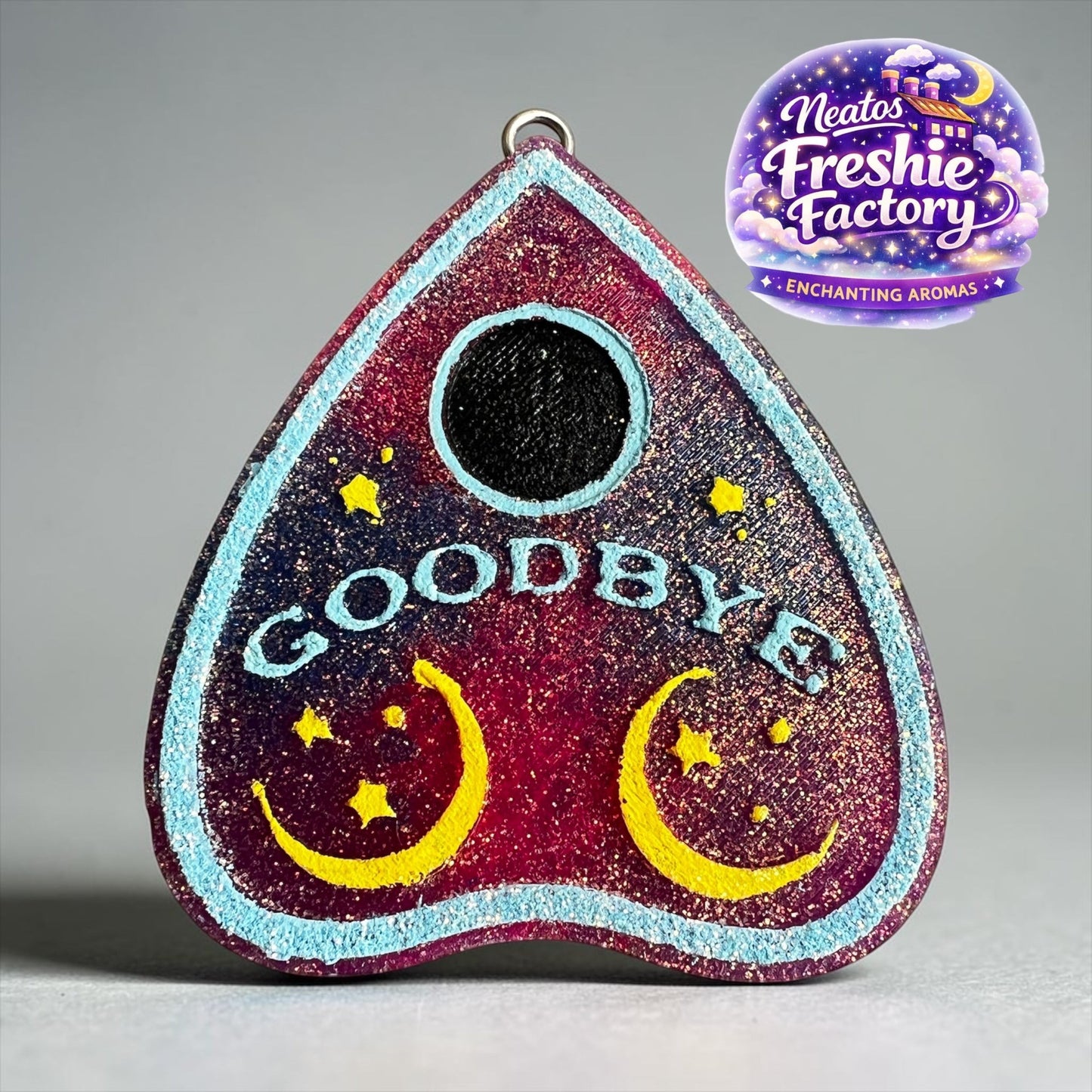 Neatos Elements plum blossom planchette car hanging freshie with moons and stars, glittery purple and blue finish.