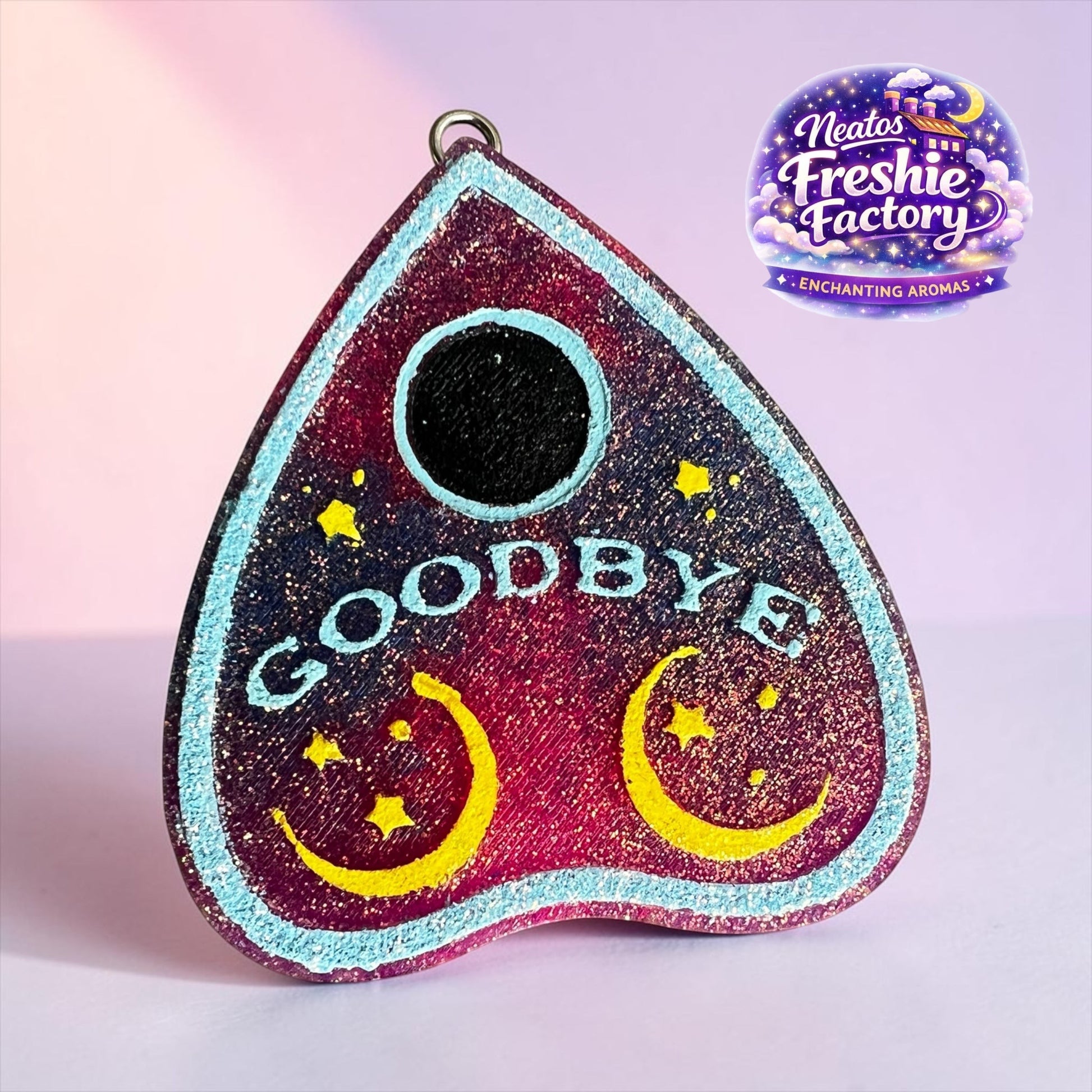 Neatos Elements planchette car hanging freshie with glitter, moons, stars, and the word GOODBYE.