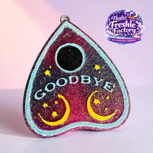 Neatos Elements planchette car hanging freshie with glitter, moons, stars, and the word GOODBYE.