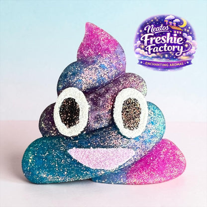 Neatos Elements handmade poop emoji car vent freshie with glittery blue, purple, and pink galaxy design and white eyes.