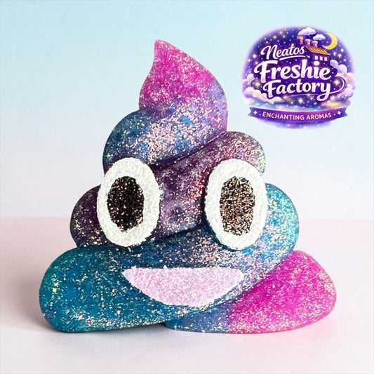 Neatos Elements handmade poop emoji car vent freshie with glittery blue, purple, and pink galaxy design and white eyes.