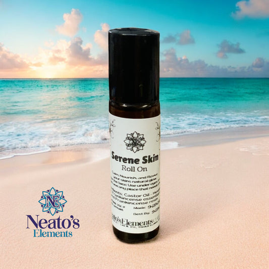 Neatos Elements Serene Skin Roll On with castor oil and frankincense for skin health. Beach background.