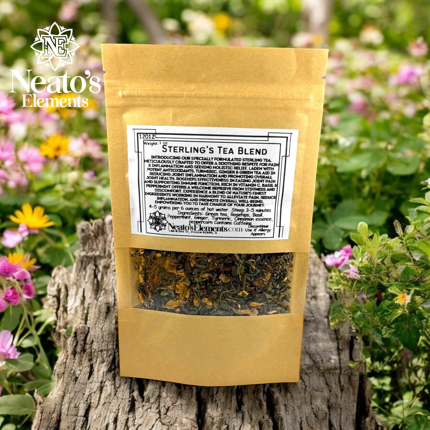 Neatos Elements Sterling's Tea Blend loose leaf tea with turmeric, ginger, rosehips, basil, and peppermint.