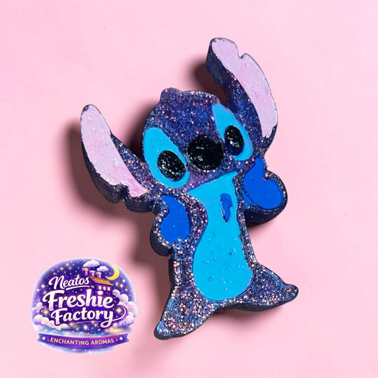 Neatos Elements Cosmic Critter Freshie, a blue and pink glittery aroma bead air freshener shaped like Stitch.