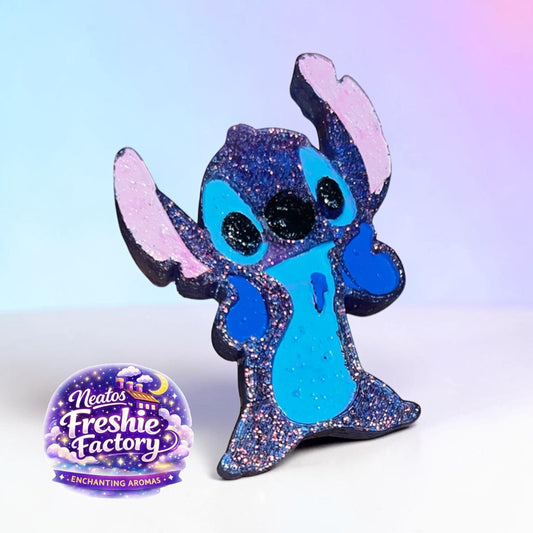Neatos Elements Cosmic Critter Freshie, a blue and pink glittery aroma bead air freshener shaped like Stitch.