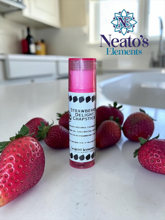 Neato's Elements Strawberry Delight handmade chapstick with beeswax, coconut oil, and shea butter for soft, hydrated lips.