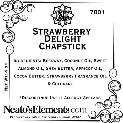 Neatos Elements Strawberry Delight Chapstick with beeswax, coconut oil, and shea butter for soft, hydrated lips.