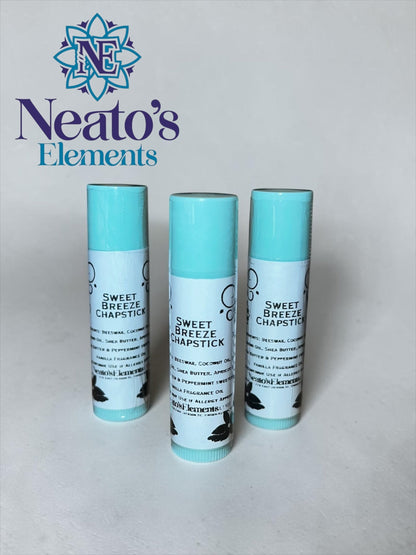 Neatos Elements Sweet Breeze Peppermint Chapstick in aqua blue tubes with white labels. Hydrating lip balm.