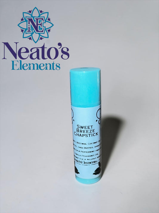 Neatos Elements Sweet Breeze Peppermint Chapstick in a light blue tube with a turquoise cap. Infused with peppermint for a cooling sensation.