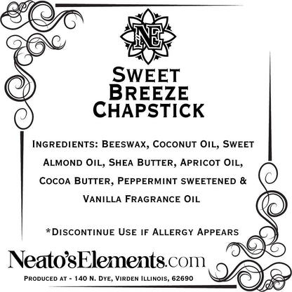 Neatos Elements Sweet Breeze Peppermint Chapstick with beeswax, coconut oil, almond oil, shea butter, apricot oil, cocoa butter.