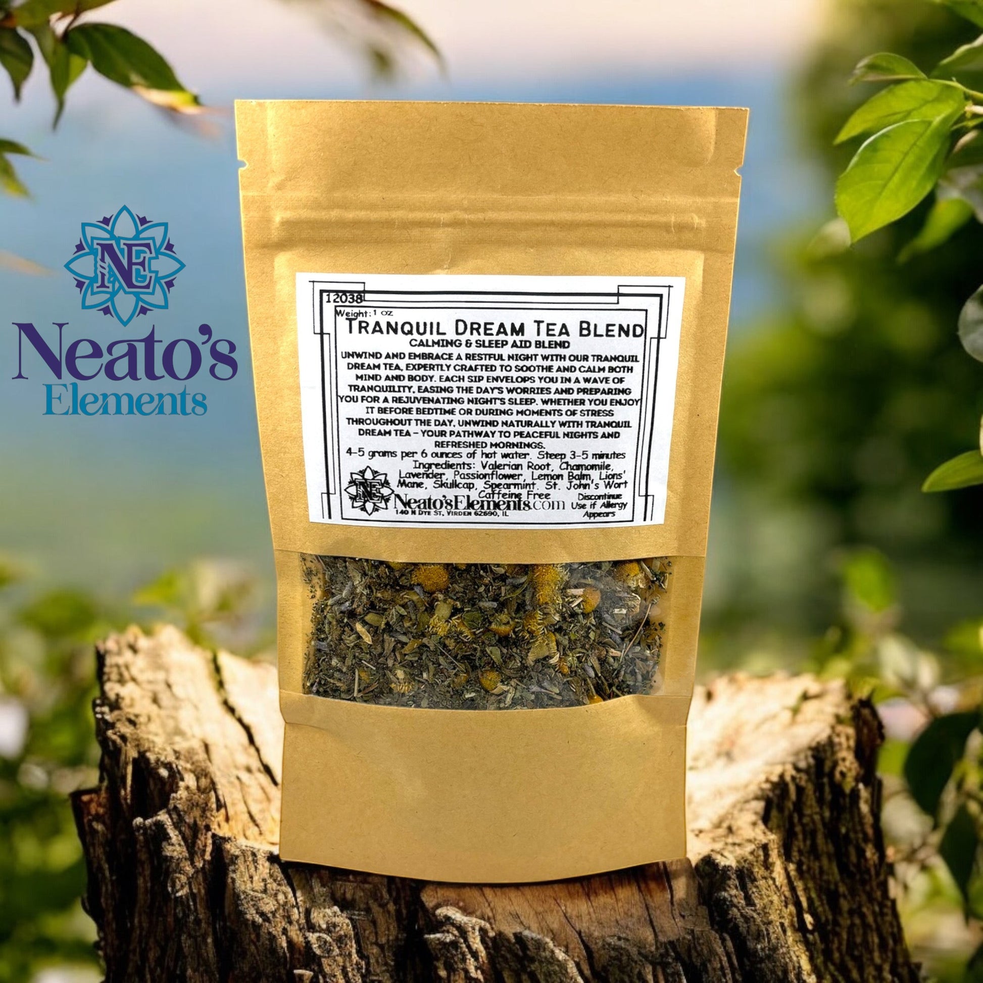 Neatos Elements Tranquil Dream Tea Blend, a calming and sleep aid blend of loose leaf herbs including chamomile and lavender.