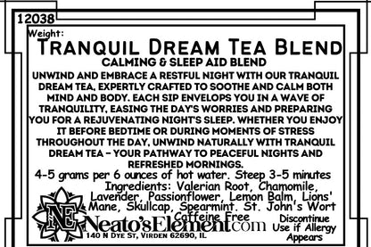 Neatos Elements Tranquil Dream Tea Blend calming and sleep aid loose leaf tea blend with Valerian Root, Chamomile, Lavender, Passionflower, Lemon Balm, Lions' Mane, Skullcap, Spearmint, St. John's Wort. Caffeine Free.