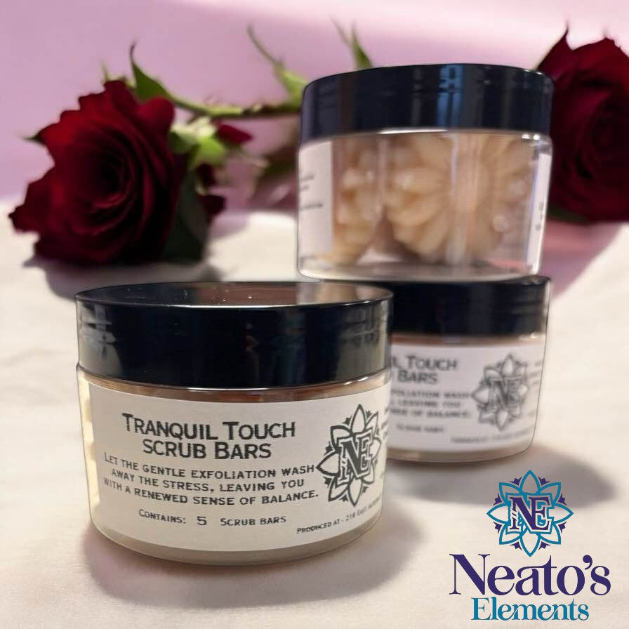 Neato's Elements Tranquil Touch Scrub Bars 5 pack in jars with frankincense and rosemary scent.