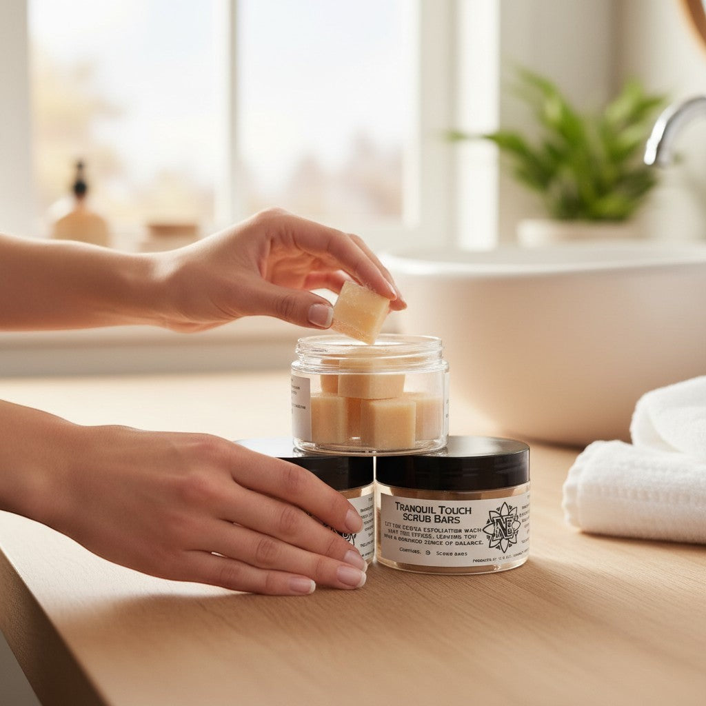 Neatos Elements Tranquil Touch Scrub Bars in a jar, a hand picks one out. Exfoliating and hydrating.