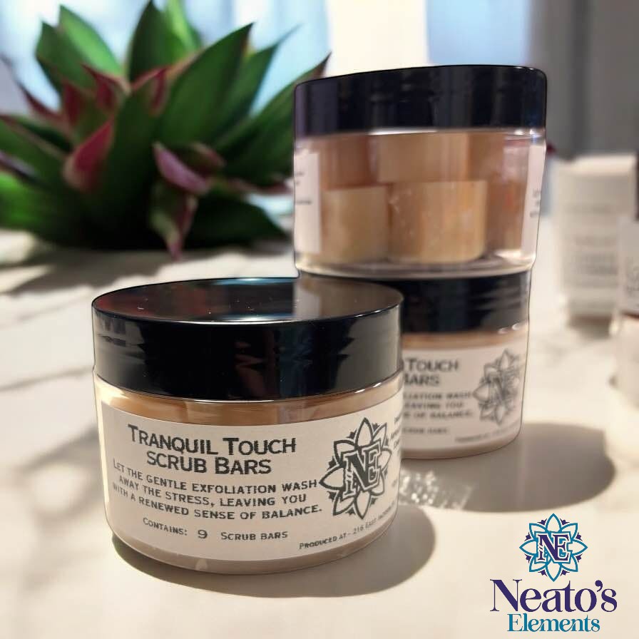 Neato's Elements Tranquil Touch Scrub Bars, a 9-pack of exfoliating bars made with sugar, Himalayan salt, apricot oil, cocoa butter, and shea butter.
