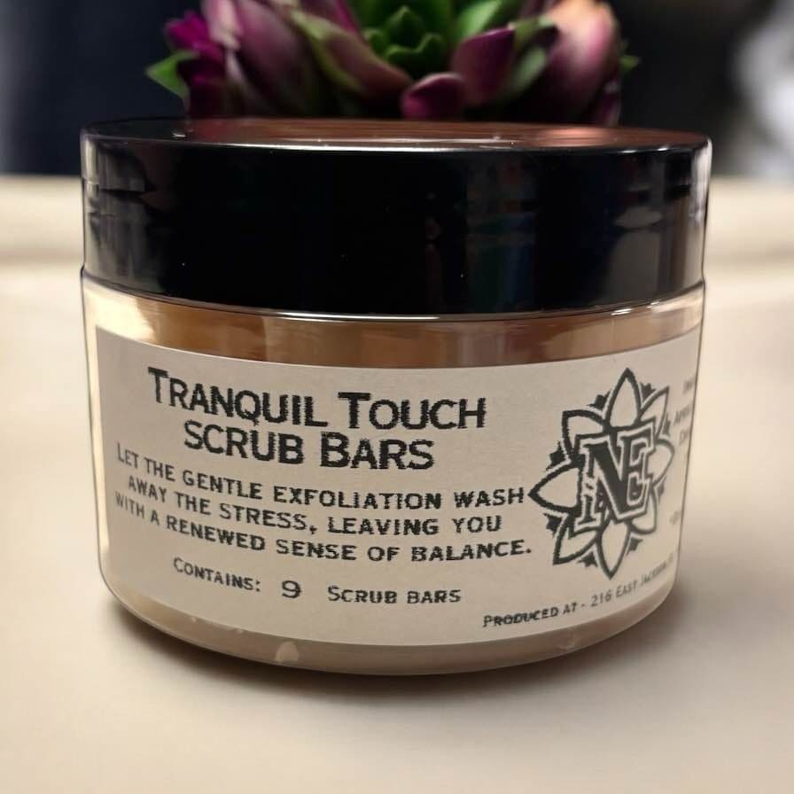 Neatos Elements Tranquil Touch Scrub Bars in a jar, a 9-pack of exfoliating bars with sugar, Himalayan salt, apricot oil, cocoa butter, and shea butter.