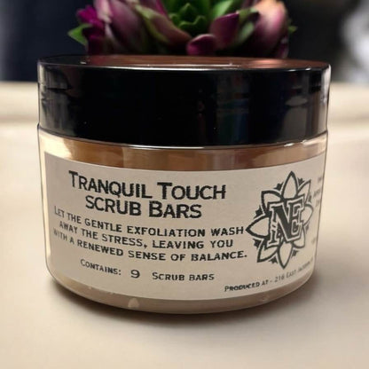 Neatos Elements Tranquil Touch Scrub Bars in a jar, a 9-pack of exfoliating bars with sugar, Himalayan salt, apricot oil, cocoa butter, and shea butter.