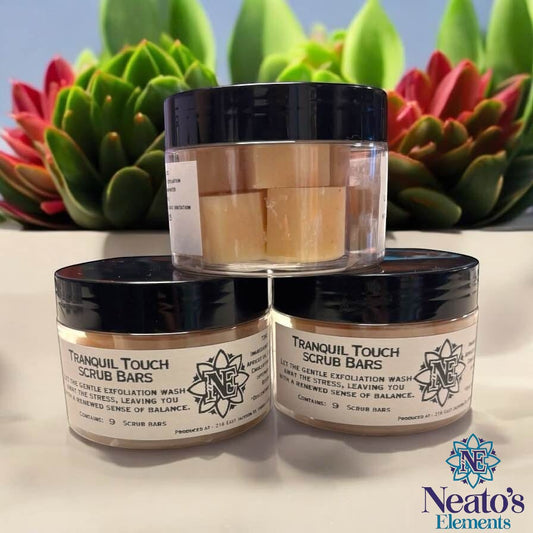 Neato's Elements Tranquil Touch Scrub Bars in a 9-pack, made with sugar, Himalayan salt, apricot oil, cocoa butter, and shea butter.