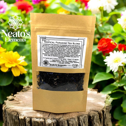 Neato's Elements Tropical Paradise Tea Blend, loose leaf black tea with mango and cornflower petals. Tropical fruit flavor.