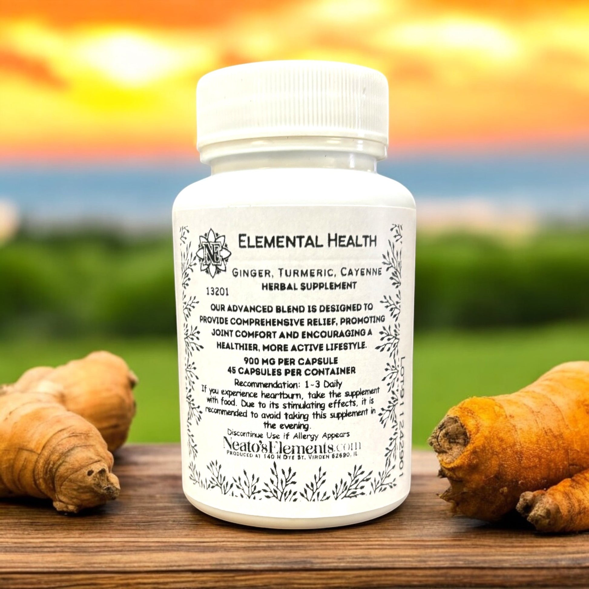 Neatos Elements Elemental Health Ginger, Turmeric, Cayenne herbal supplement bottle with 45 capsules. Natural ingredients for inflammation, energy, and circulation.