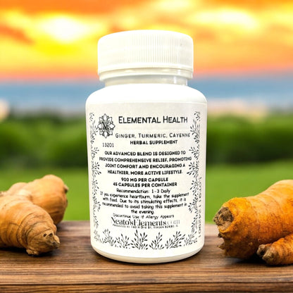 Neatos Elements Elemental Health Ginger, Turmeric, Cayenne herbal supplement bottle with 45 capsules. Natural ingredients for inflammation, energy, and circulation.