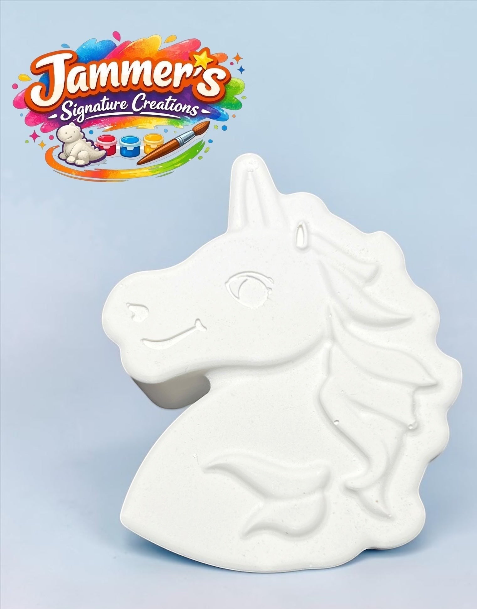 Neatos Elements white plaster unicorn head figurine, ready to paint, with flowing mane and friendly expression.