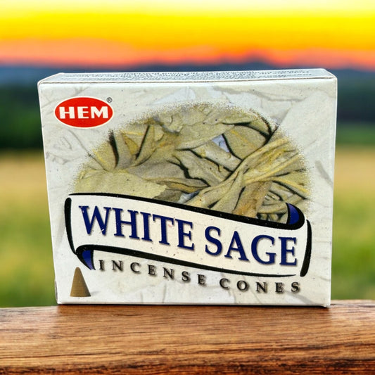 Neatos Elements White Sage Incense Cones box with a picture of dried sage leaves and the text "WHITE SAGE INCENSE CONES" on the front.